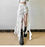 Elegant Tulle Ruffle Skirt Women Boho Lace Vintage White Irregular Skirt Korean Style Summer Layered Mid Skirts Street