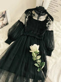 New Women Party Lace Flower Dress Gauze Lantern Sleeve Voile Long Dress Female Retro Hook Princess Dress 2 Piece Set