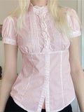 Women Shirts Elegant Short Sleeve Button Closure Solid Slim Fit Blouse Summer Y2K Tops