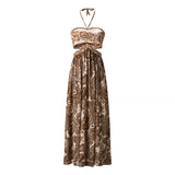 Fashionable French Style Sexy Backless Strapless Dress High Waist Long A- Line Skirt Polyester Geometric Print Street Style