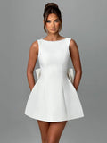 Pearl Bow Backless Sexy Mini Dress For Women Robe Fashion Zipper Sleeveless High Waist A-line Club Party Dress Elegant
