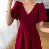 Red V-Neck Women's Dress plus Size Summer New Style Age-Defying Bubble Sleeve High Waist A-Line Skirt CleanFit Polyester Cotton