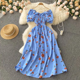 Pbong  Romantic Floral Print Long Dress  New Summer Off Shoulders Puff Sleeve Big Swing Women Dress Korean Party Vestidos