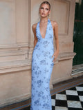 Summer Backless Print Maxi Dress Women Beach Holiday Gown Elegant Halter Deep V Neck Sleeveless Bodycon Long Dress