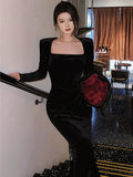 Elegant Solid Velvet Mermaid Dress for Women New Vintage Chic Square Collar Bodycon Evening Party Dresses Female Slim Vestidos