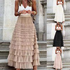 Women Pleated Long Skirts Ruffles Design Elegant Sexy Mesh Lace Loose Skirts Solid Mesh Patchwork Gauze Streetwear Party Attire