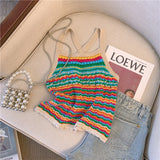 Bohemian Striped Knitted Camisole Vest For Women's summer Contrasting Spaghetti Strap Short Top Seaside Vacation T-shirt