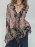 Vintage Floral Print Ruffles Mesh Shirts Women See Through Sexy Ruffle Sleeve Open Stitch Lace-Up Aesthetic Clothes