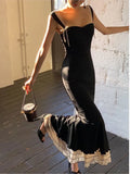 New Summer Ruffle Patchwork Long Dress Sleeveless Square Collar Black Sexy Party Women Dress Bow Chic Fashion Fishtail Vestidos
