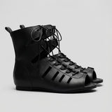 Pbong  White Hollow-Out Lace-Up Roman Sandals for Women, Summer New Open-Toe Flat Shoes with Hidden Height, High-Top Vacation-Style