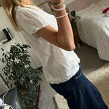 y2k Shirt Top Women Fairycore Clothes White V Neck Short Sleeve Button Down Pleated Blouse 2000s Aesthetic Clothing﻿
