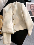 Slim Elegant Tweed Jacket Women Vintage Long Sleeve Sweet Short Coat French Casual Vintage Lady V Neck Single Breasted Tops