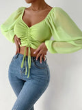 Woman’s Tops Puff Sleeve Sexy Close-Fitting Summer and Spring Lace up V-neck Fashion Solid Color Simple Long Sleeve Hot