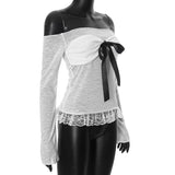 Slash Neck Korean Sexy High Street All Match Casual Shirts Front Pleated Bow Appliques Girl Tops Y2k Aesthetic Girl Clothing