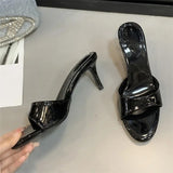 Pbong  Summer Patent Leather Open Toe Slippers Fashion Thin Low Heels Beach Prom Slide Prom Slide Shoes
