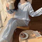 Pbong  Spring New Arrived Pajamas Set Women Comfort Cotton Stripe Long Sleeve Tops With Chest Pat Long Trousers Ladies Pullover Pjs Set