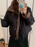 Winter Retro Puffy Parkas Women Warm Thick Plaid Patchwork Cute Coat Casual Preppy Style Korean Long Sleeve Cotton Jackets