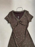 American Vintage Fairt Patchwork Lace V Neck Women Clothing High Street Flower Print Harajuku Dress Spliced Short Dresses