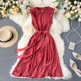 Pbong  Korean Fashion Women Dress Summer Casual Solid Sleeveless Sash Bandage Black Dress Vintage Elegant Lady Vestidos