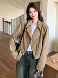 Retro Biker Faux Suede Jacket Women Fall Casual Long Sleeve Slim Short Coat Streetwear American Hip Hop Harajuku Tops New