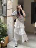 White Gauze Half Skirt Women Summer New French Vintage Cake Skirt High Waist A-line MIDI Skirt Korean Fashion Faldas