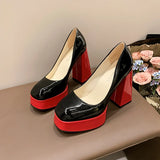 Pbong  Hot Sale Square Heels 10cm Chunky Heels Platform Pumps Double Color Blocking Women Party Dance Pumps