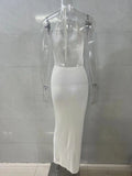 Halter Neck Knit Beach Long Dress Women Solid Color White Sleeveless Dresses For Vacation V Neck Bikini Swimming Sexy Cover-ups