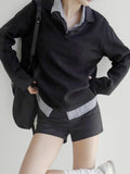 Patchwork Plaid Lapel Collar Fake Two Piece Sweats Preppy Style Simple Fashion  Trendy Pullovers Basic