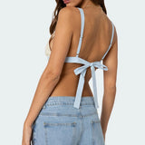 Sheer Lace Open Back Tank Top Contrast Color Backless Tie Up Camis Summer Sleeveless Shirt Fairy Coquette Spaghetti Strap Vest