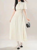 Pbong  Fashion Elegant Bow Long Dress Women Summer France Sweet Lace Up Lolita Dresses Female New Design Chic Cape Retro Pretty Outfits
