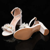 Pbong  Fashion Summer Lace Flowers Pearls Ankle Strap Women Sandals Big Size 35-43 Thick High heels Sweet Girls Party Prom Shoes