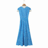 Pbong  Women Retro French Style Blue Polka Dot Spliced Lace Bow V neck Short Sleeve Dress Summer Maxi Long Dresses Robe Femme Vestidos