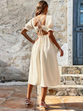 Side Slit Backless Dress For Women New Fashion V Neck Short Sleeve Lace Up A-line Dresses Femme Elegant Retro Dress Woman