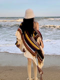 Pbong  Vintage Bohemian Chic Cloaks Capes Boho Ruffles Women Spring Autumn Knitted Ethnic Capes Tassels Cloak Poncho Outwear