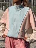 Pbong   Autumn Winter Casual Patchwork Women Coat Elegant Long Sleeve Zippers Pocket Stand Collar Female Jacket Lady Streetwear New