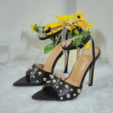 Pbong  Sexy Design Metal Decoration Pointed Toe Women Sandals Summer Thin High Heels Buckle Strap Stripper Prom Shoes