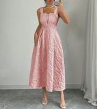 Pbong  Women's Blush Pink Square Neck Cutout Wide Strap Jacquard Fit & Flare Midi Dress Spring Summer Elegant Sweet Daily Party Dress