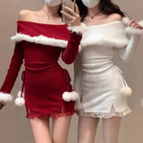 Pbong  Red Christmas Dress Women's Autumn Winter New Style Fleece Wrap around Short Skirt Birthday Gift Dress Warm Bodycon Dress