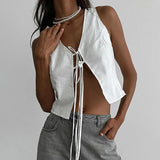 Casual Lace Up Vest Top Female Sexy Cut Out Sleveless Cardigan White Cotton Tanks Summer Fashion Hot Girl Club Party Vest