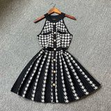 Pbong  Fashion Women Pleated Knitted Dress Summer Y2K Sleeveless Bird Lattice Short Dress Chic Lady Party Vestidos