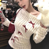 Sweet Bow Knitted Pullover Women Off Shoulder Sexy Long Sleeve Sweaters Korean Style Kawaii Autumn Winter Pullovers