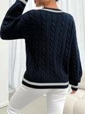 Striped trimmed twisted flower knitted shoulder sweater