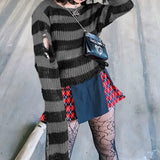 Pbong  Striped Women's Crop Sweater Punk Streetwear Korean Style Hole Thin Knitted Gothic Long Sleeve Y2k Pullover
