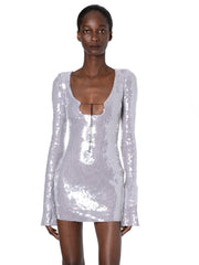 Sexy V Neck Lace-up Sequins Mini Dress Women Silver Gray Sequined Sheer Boaycon Dress Spring Elegant Party Evening Club Dresses