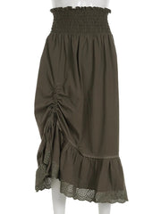Sweetown Retro Green Vintage Grunge Long Skirts Womens Shirring Tie-Up Lace Trim Low Waist A Line Y2K Skirt Cute Holiday Outfits