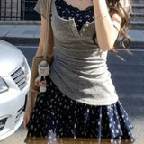 Y2k Japanese Style Kawaii 2 Piece Dress Sets 2000s Slim Short Sleeve Tees + Print Floral Strap Dress Harajuku Vintage Women Suit
