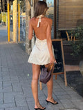 Lace Halter Mini Dress For Women V neck Sleeveless Elegant Splice Lace Up Dress Bodycon Female Club Party Backless Dress