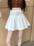Pbong  Japan Sweet Belt White Pleated Skirt Women Sexy High Waist Mini Skirt Summer Preppy Style Female Casual A Line Pink Skirt