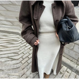 Elegant Grey Belt Long Faux Wollen Coat Women Lapel Double Breasted Street Coats Female 2025 Autumn Winter New Lady Peacoat