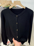 Gold Button Long Sleeve Sweaters Cardigan for Women Spring Autumn O-Neck Button-up Knit Jacket Tops Knitwear Basic Tops